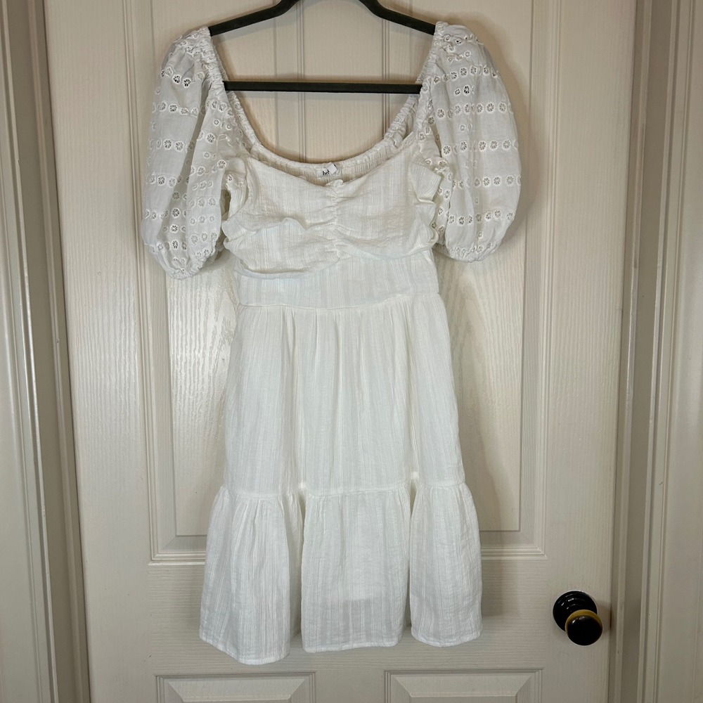 Heartloom White Eyelet Puff Sleeve Smocked Waist Tiered Ruffle‎ Mini Dress Wms S